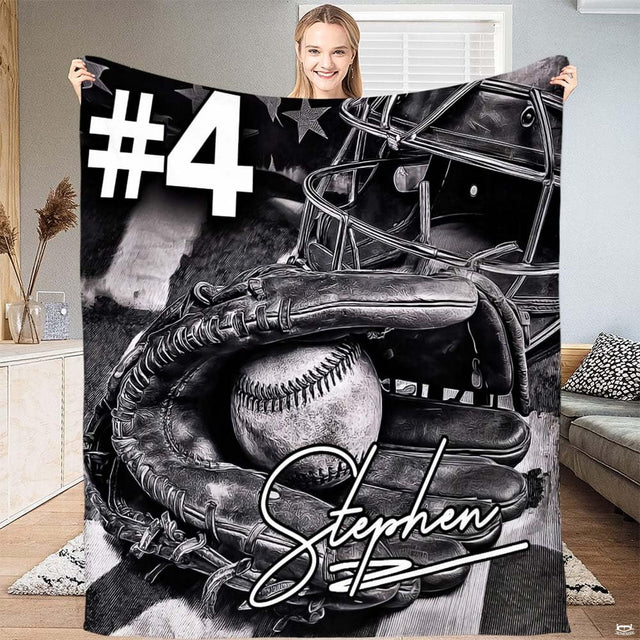 Baseball catcher throw blanket view 2 highlighting charcoal shading, baseball gear details, and sports styling
