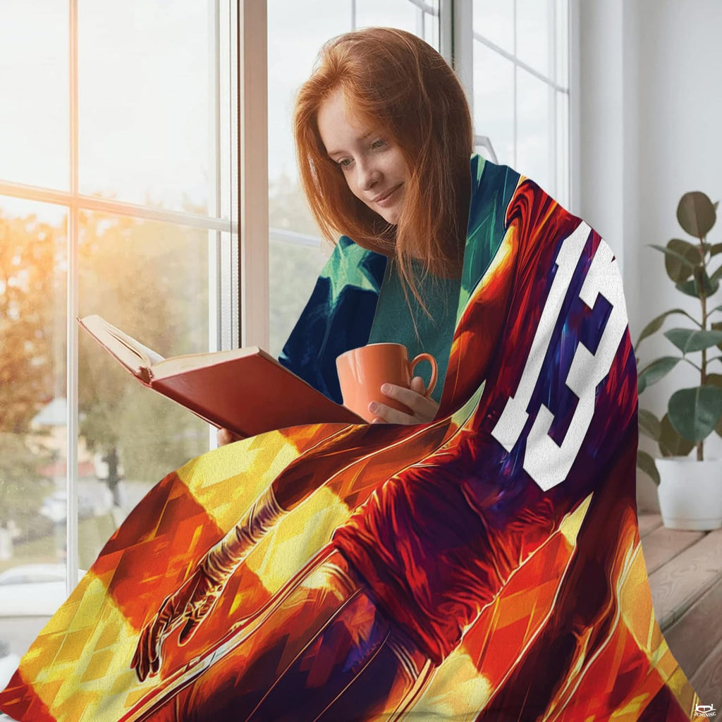 Young woman reading by sunny window wrapped in patriotic American flag football throw blanket