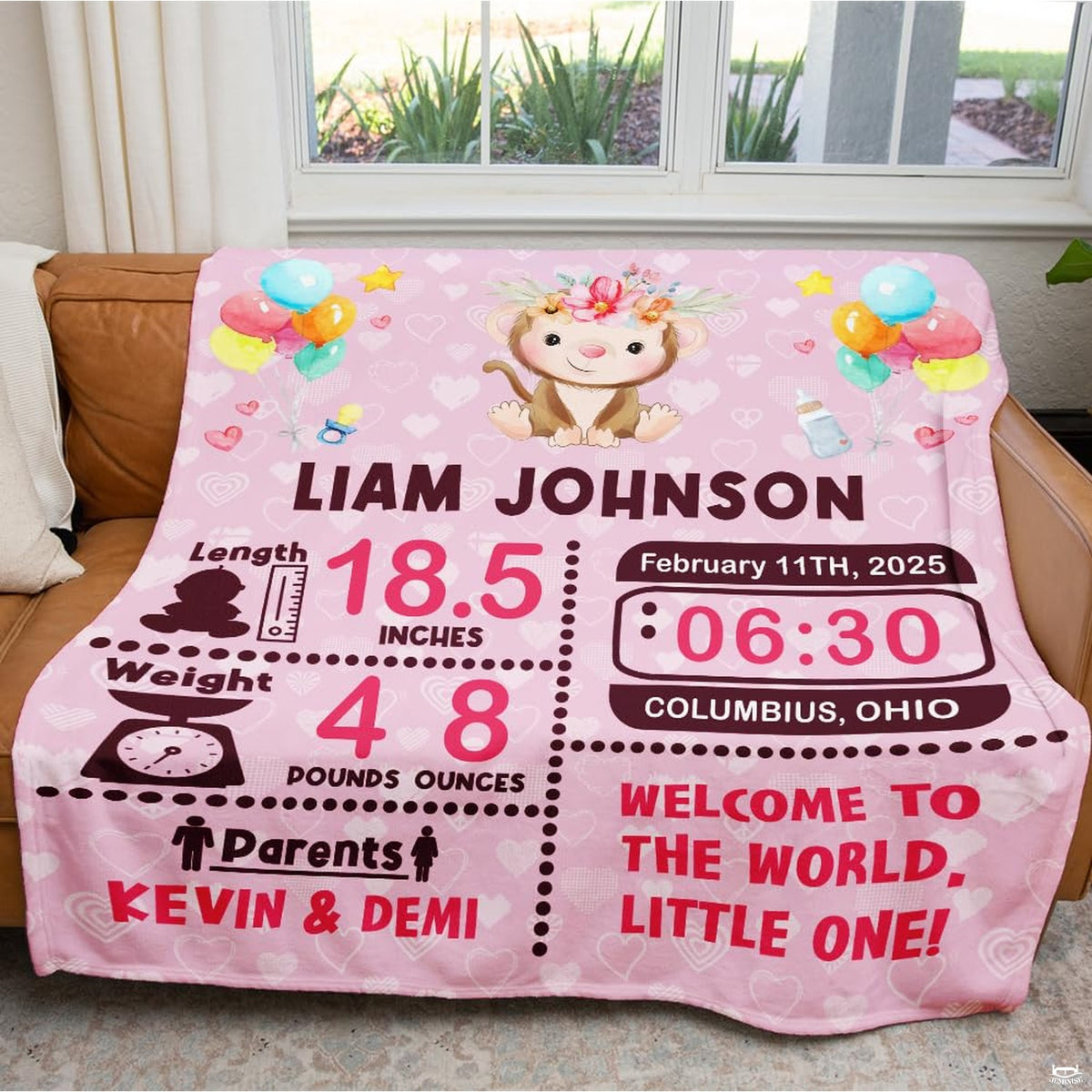 Lifestyle presentation of the baby milestone blanket folded on an armchair.