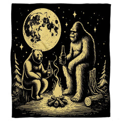 Detailed view of Sasquatch and bear sharing drinks by campfire flames in a gold bedding sets uk bedroom design.