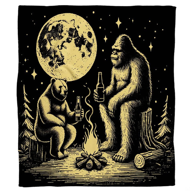 Detailed view of Sasquatch and bear sharing drinks by campfire flames in a gold bedding sets uk bedroom design.