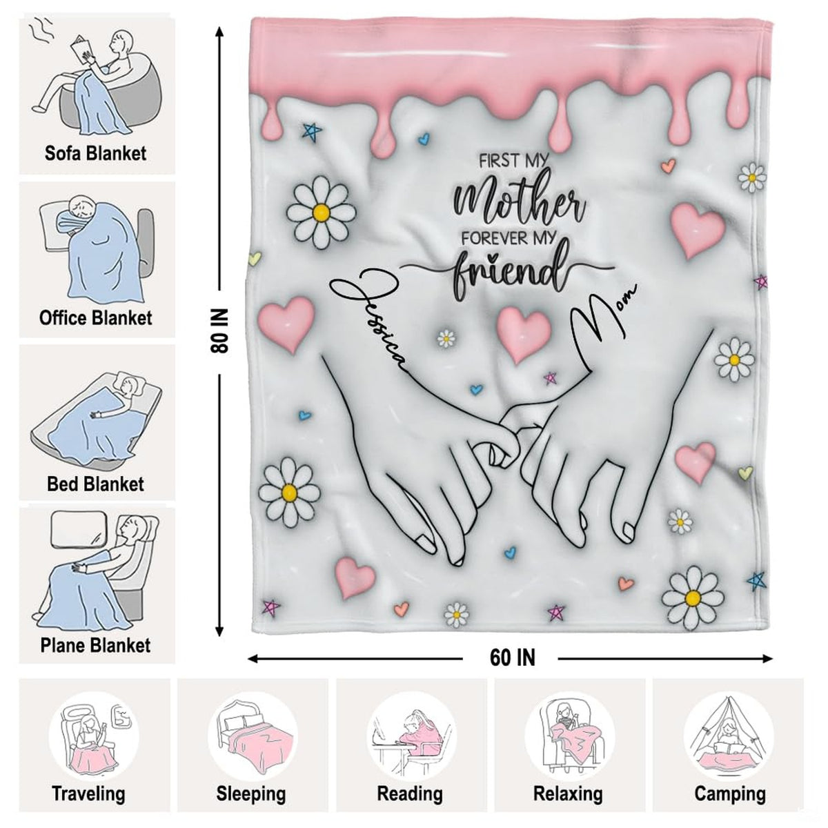 Minimalist mother and daughter pinky promise line art with daisies and pink hearts, view 5.