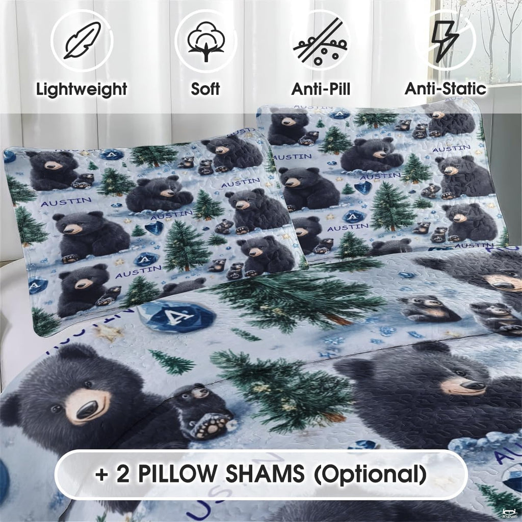 Matching pillowcase detail for rustic bedding set featuring complementary bear family motifs