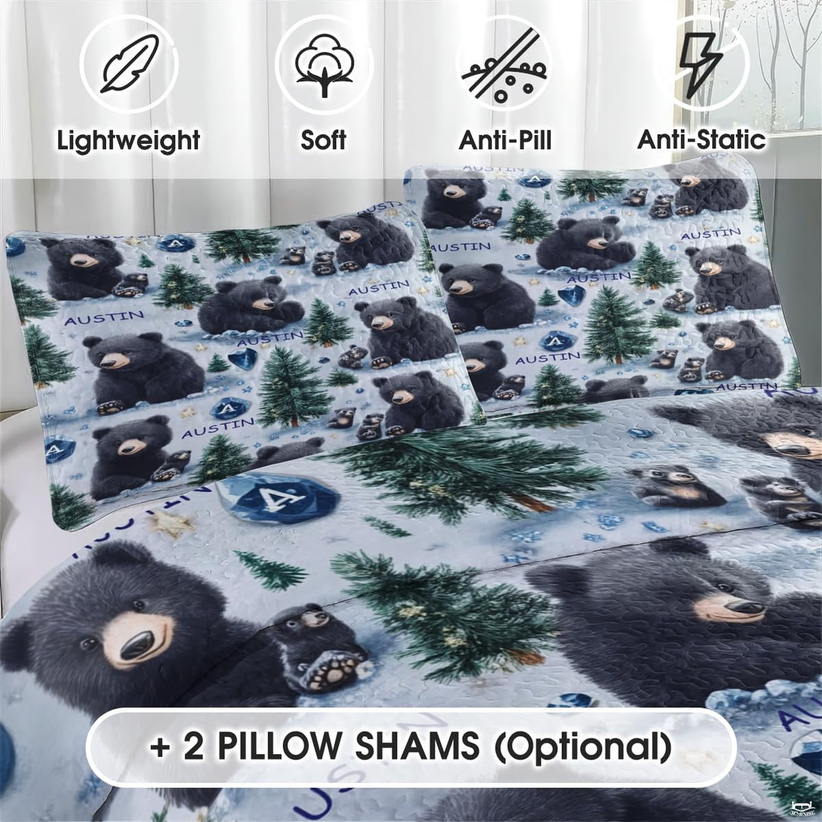 Matching pillowcase detail for rustic bedding set featuring complementary bear family motifs