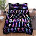 Electric violet and black soccer sports bedding featuring a soccer ball graphic with purple accents on a bed