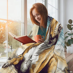 Tropical beach pitbull throw blanket view 2 styled on living room sofa beside sunny coastal window