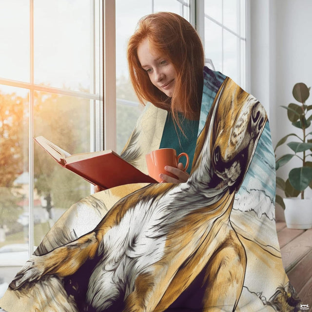 Tropical beach pitbull throw blanket view 2 styled on living room sofa beside sunny coastal window