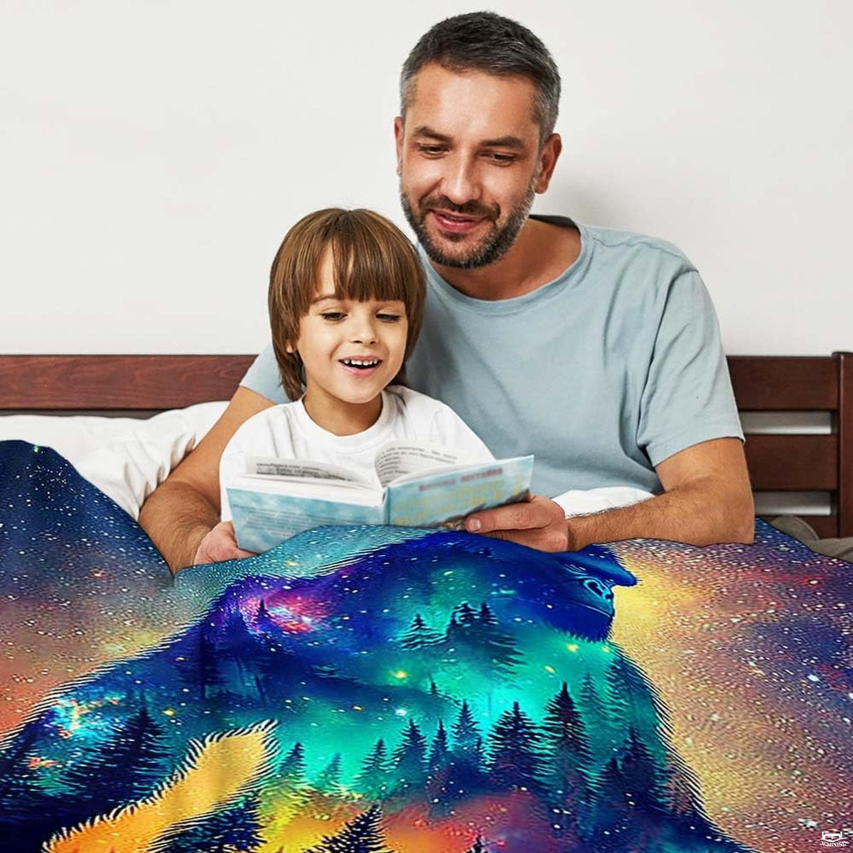 Double bedding sets boys theme styling with Bigfoot cosmic sunset gradient and galaxy accents.