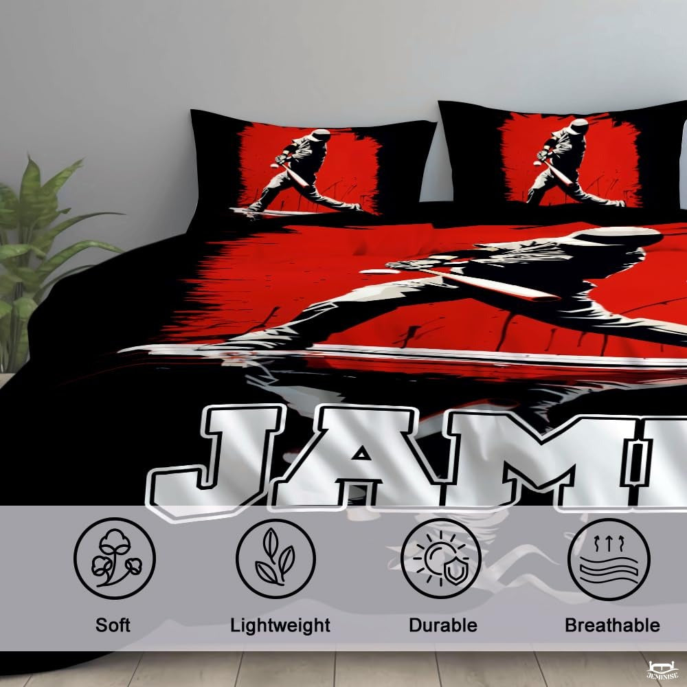 Personalized Baseball Bedding Full Size Flag Custom Name Duvet Cover Set Sport Decor Sports Comforter Bed Set (Red Baseball Player)