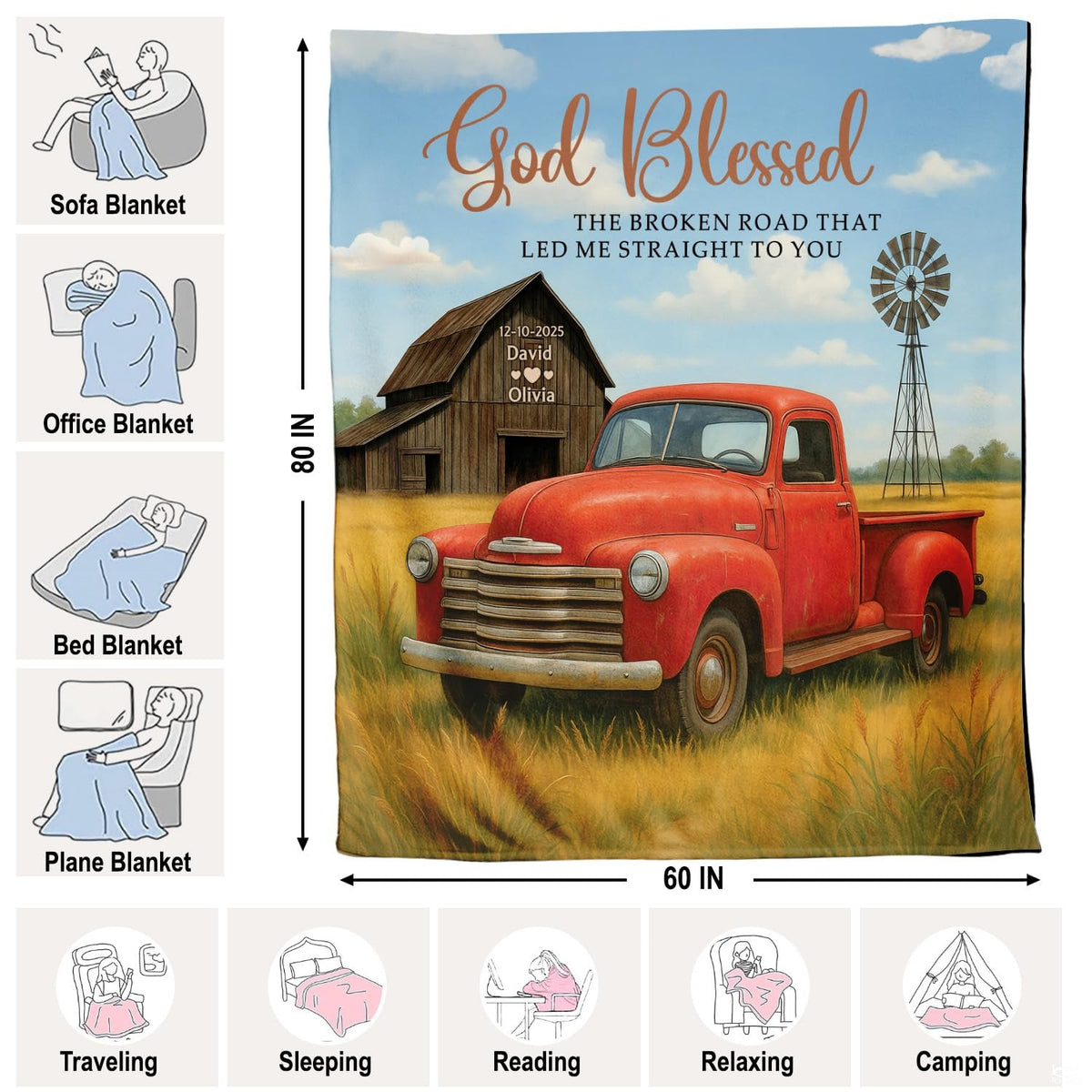 Vintage red pickup truck in golden wheat field with rustic barn and windmill, view 4.