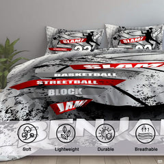 Corner fold view of basketball bedding highlighting vibrant red banner contrast on monochrome background
