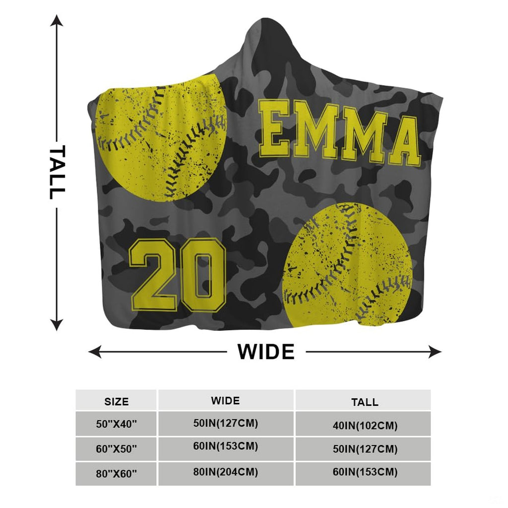 Product dimension diagram illustrating sizing options for the softball camouflage hooded blanket.