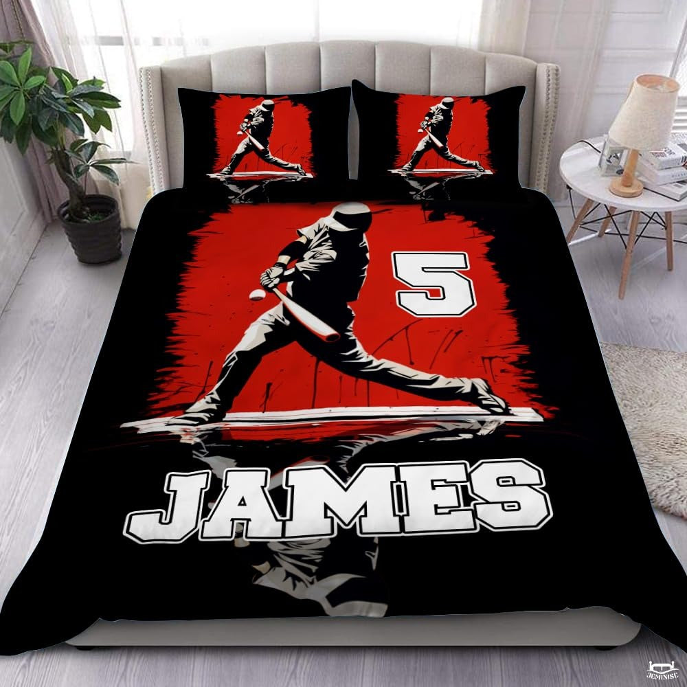 Personalized Baseball Bedding Full Size Flag Custom Name Duvet Cover Set Sport Decor Sports Comforter Bed Set (Red Baseball Player)