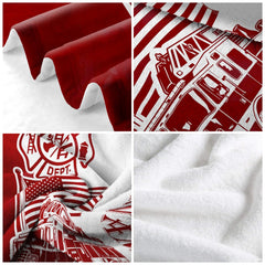 Side angle perspective highlighting sharp graphic print definition and rich crimson red tones of the blanket