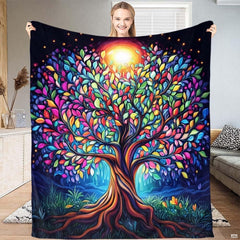 Colorful tree of life bedding set with rainbow foliage and starry night art