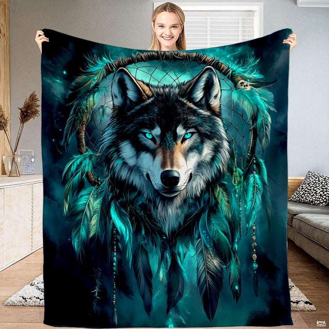 Mystical wolf dreamcatcher turquoise feathers blanket held indoors.