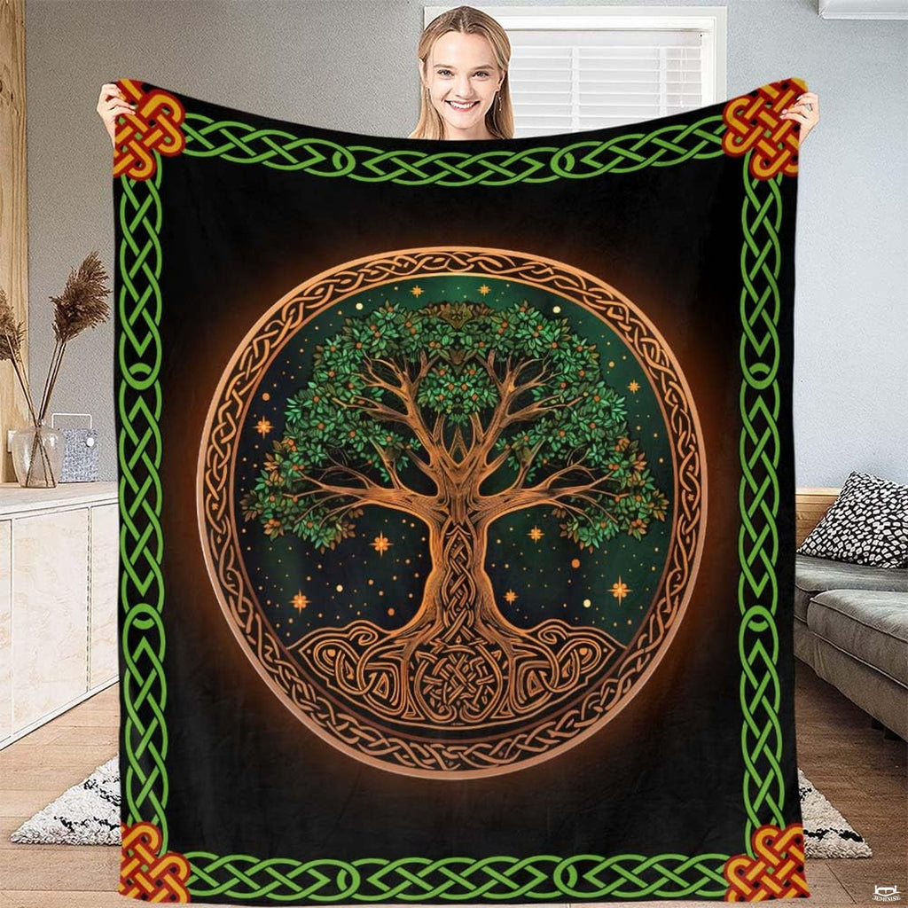 Celtic Tree of Life knotwork border throw blanket displaying circular tree medallion and green knots