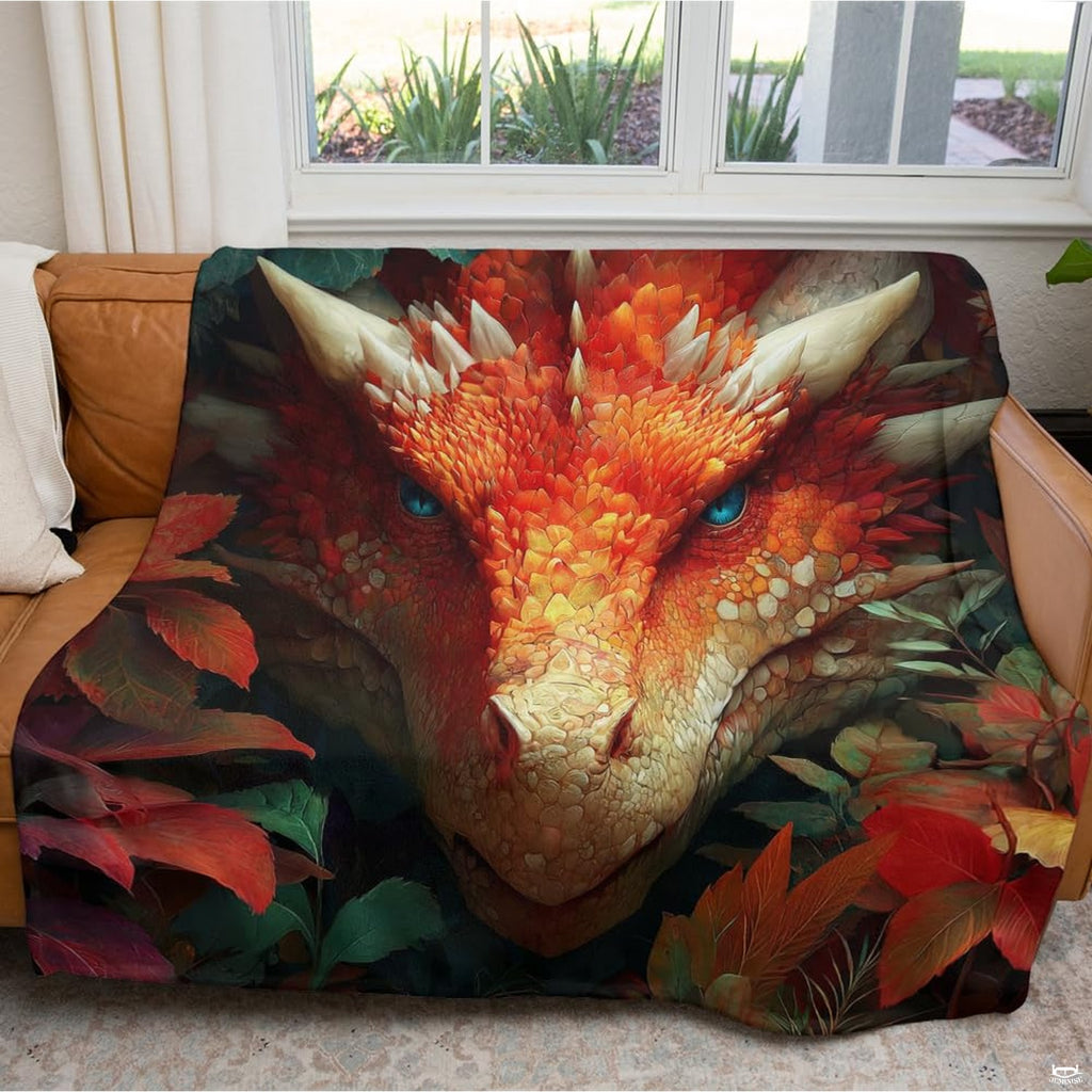Detailed snout scales and nostrils of fiery golden dragon emerging from foliage