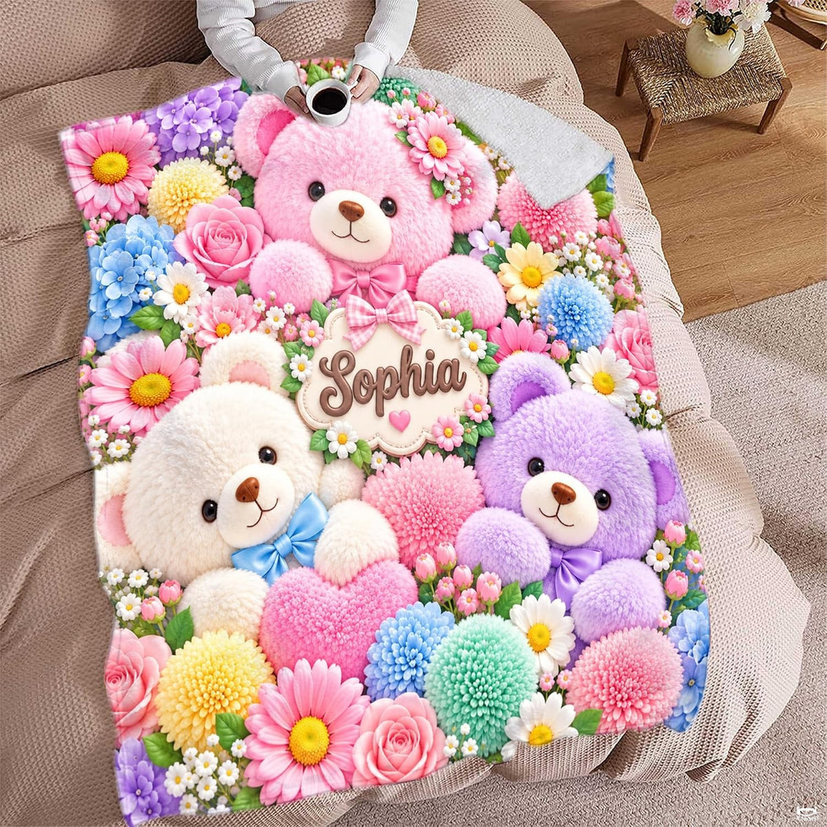 Pastel teddy bears surrounded by colorful roses and daisies, view 7.