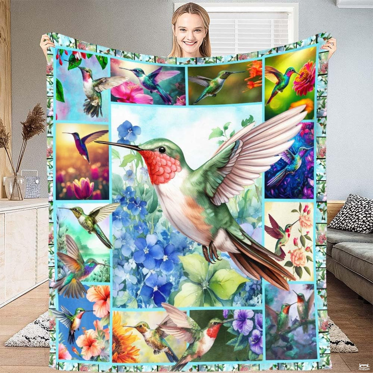 Ruby hummingbird hydrangea throw blanket featuring hovering hummingbird over blue hydrangeas and garden panels