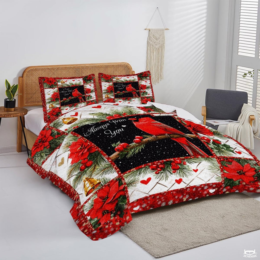 Christmas Cardinal on Branch Within Patchwork Winter Quilt