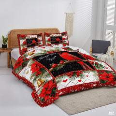 Christmas Cardinal on Branch Within Patchwork Winter Quilt