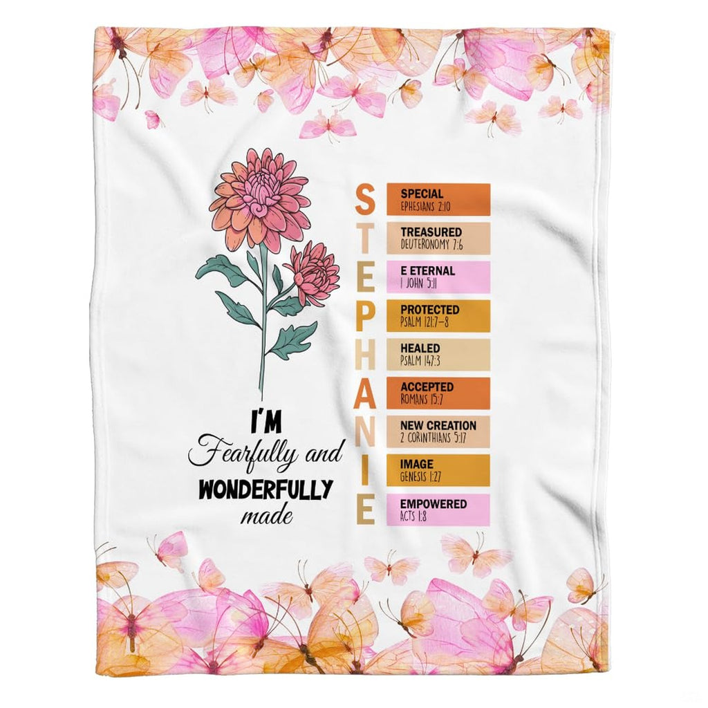 Fearfully and wonderfully made floral scripture blanket showing blooming dahlia and butterflies view 7