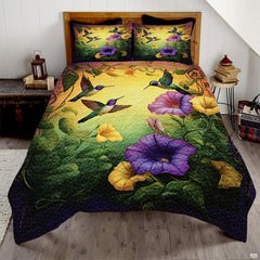 Purple floral hummingbird bedding in a bright bedroom