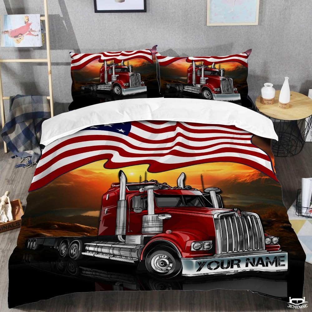 Custom Patriotic Trucking Semi Truck Below Waving American Flag Comforter