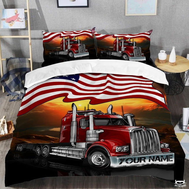 Custom Patriotic Trucking Semi Truck Below Waving American Flag Comforter