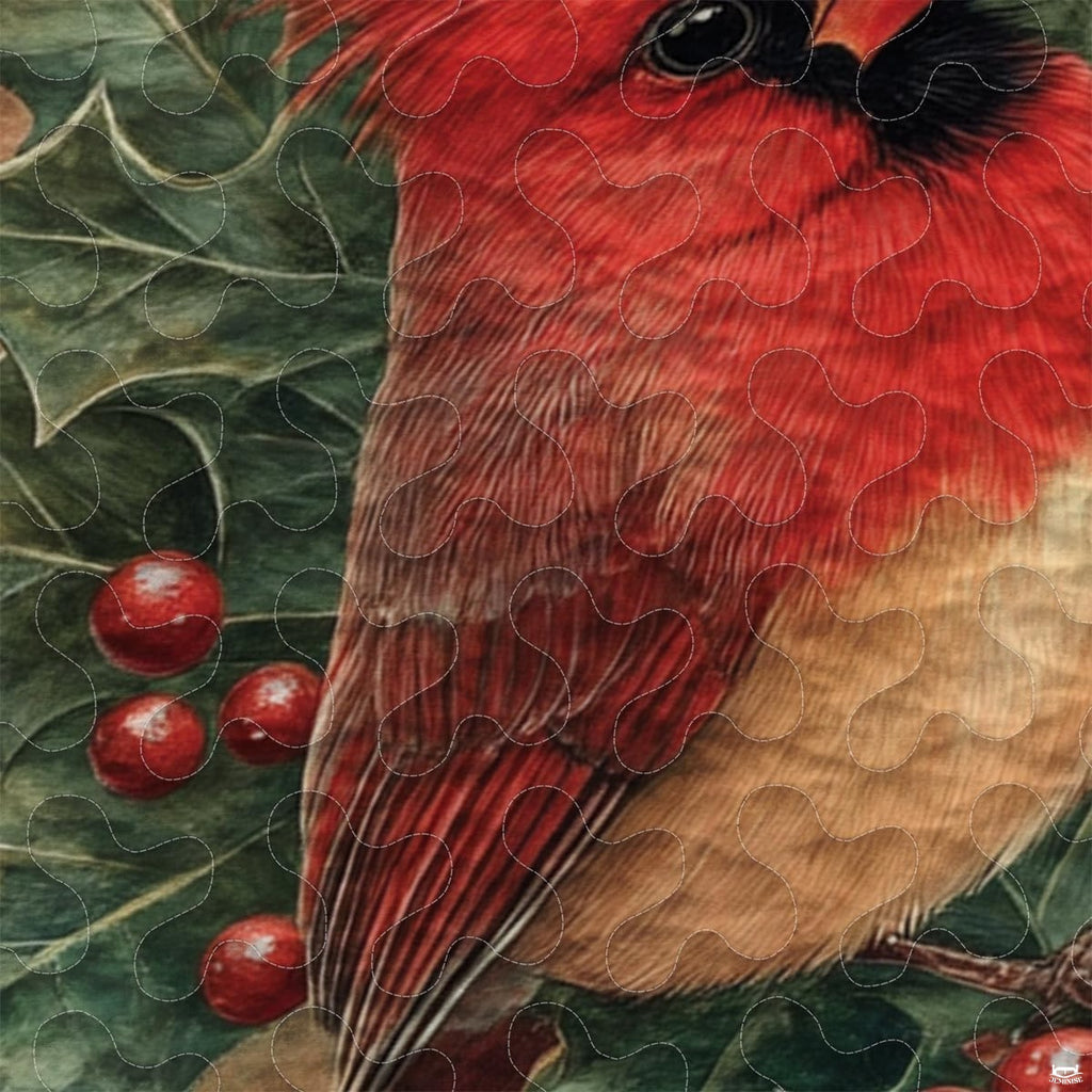 Close-up perspective of cardinal bedding highlighting scarlet red bird plumage, pine needles, and berries