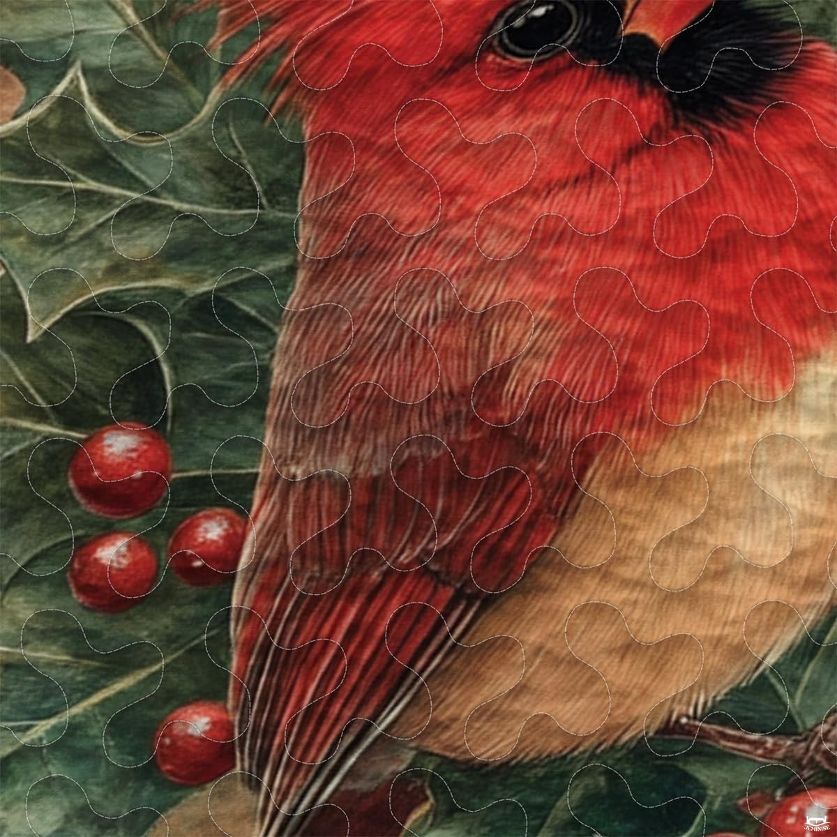 Close-up perspective of cardinal bedding highlighting scarlet red bird plumage, pine needles, and berries