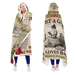 Woman wearing the literary hooded throw blanket shown from front and back views.