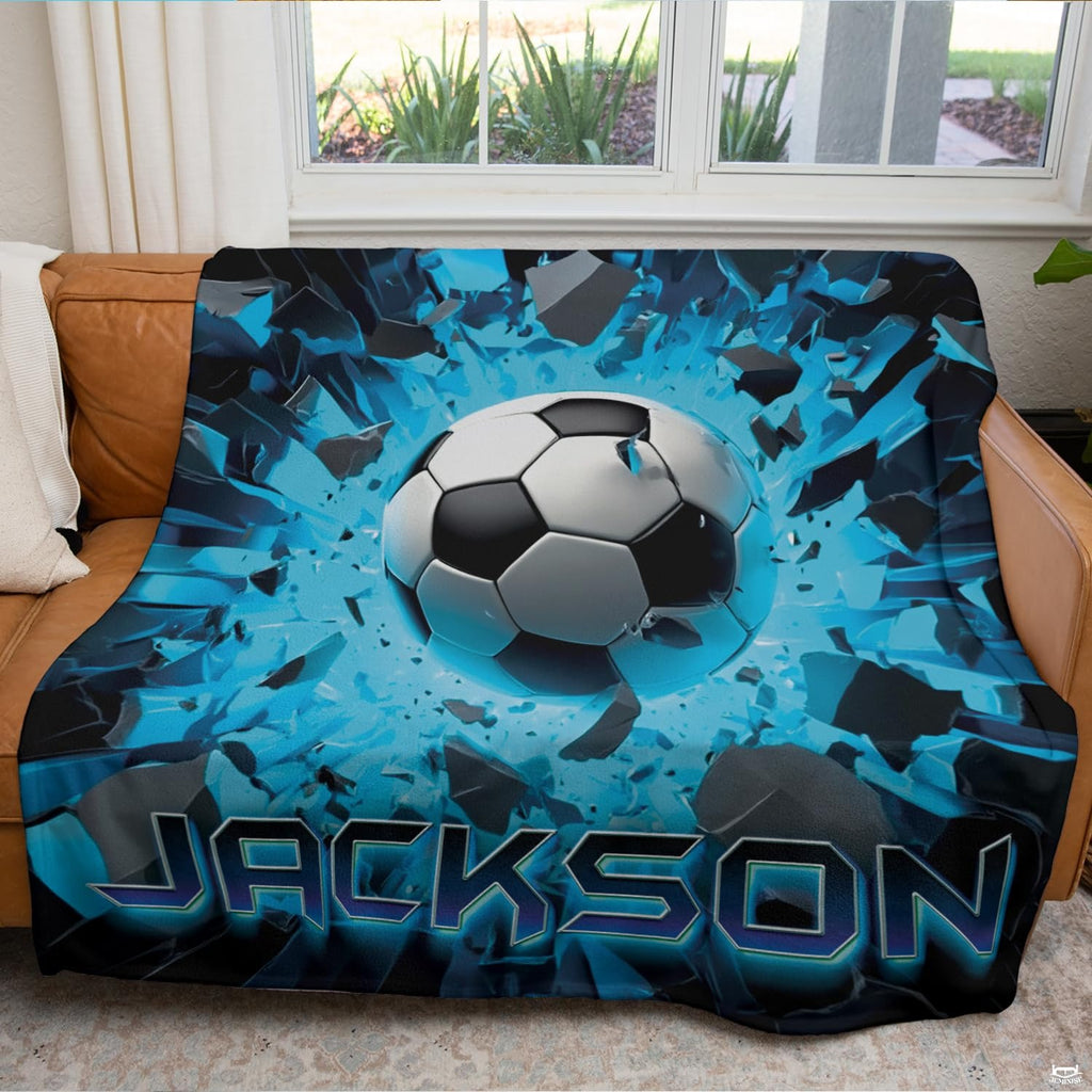 Shattered wall soccer ball sports throw blanket view 4 detailing 3D explosion and debris