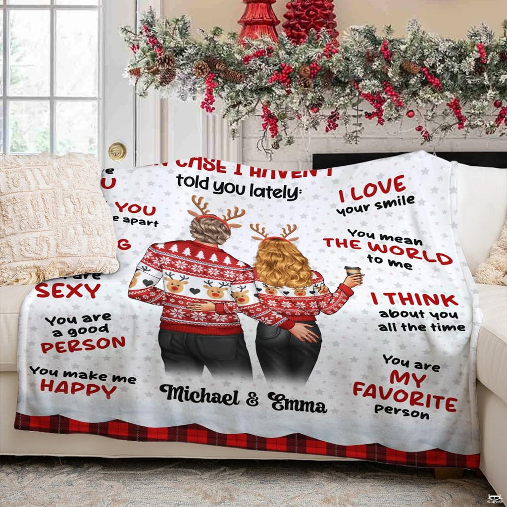 Holiday couple in Nordic sweaters with romantic quotes and red buffalo check plaid borders, view 4.