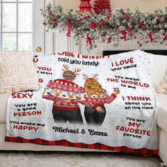 Holiday couple in Nordic sweaters with romantic quotes and red buffalo check plaid borders, view 4.
