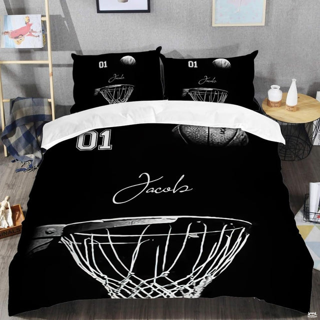High-contrast basketball hoop artwork featured on dark bedding set decor.
