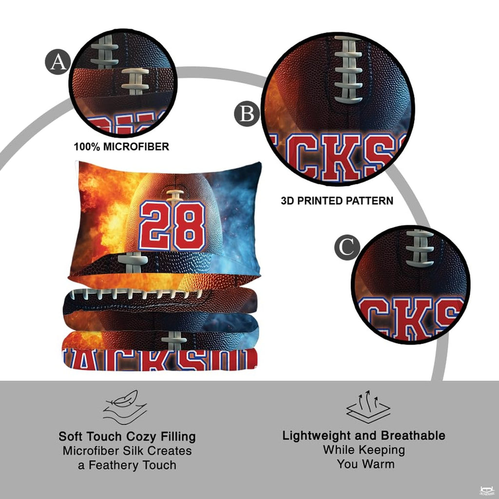 Matching pillow shams displaying a fire and ice football graphic on a sports bedding set