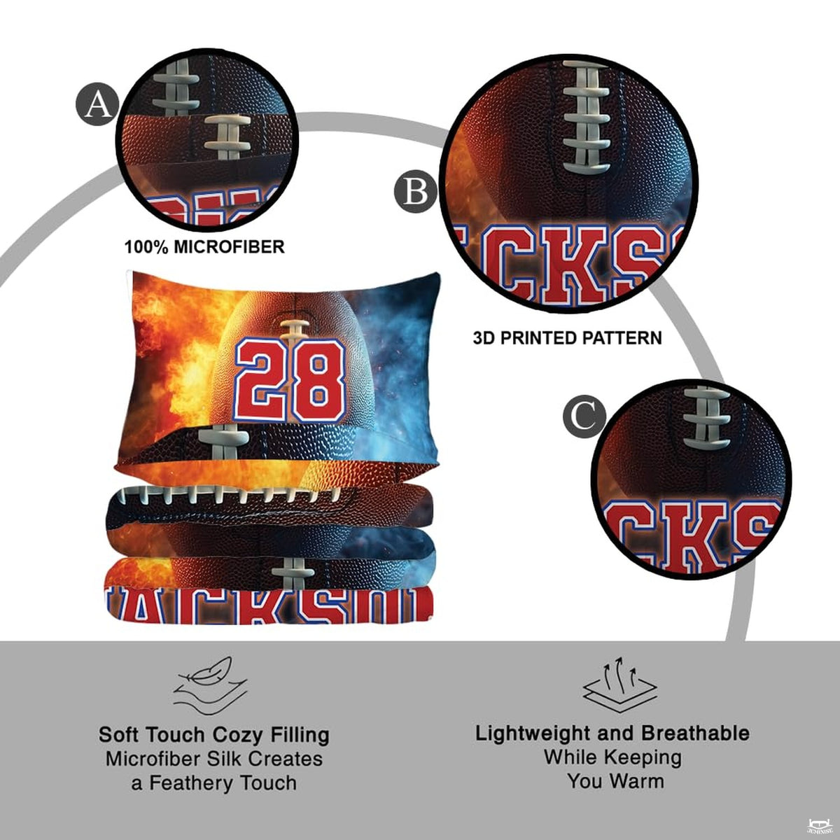 Matching pillow shams displaying a fire and ice football graphic on a sports bedding set