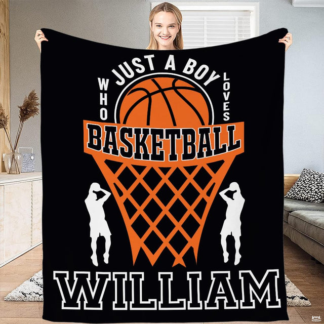 Dynamic court artwork showing an orange sphere dropping through a net for sports themed bedroom ideas boy style.