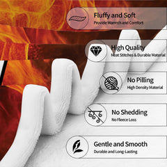 Detailed macro shot of flame-themed blanket edge stitching and plush fleece texture