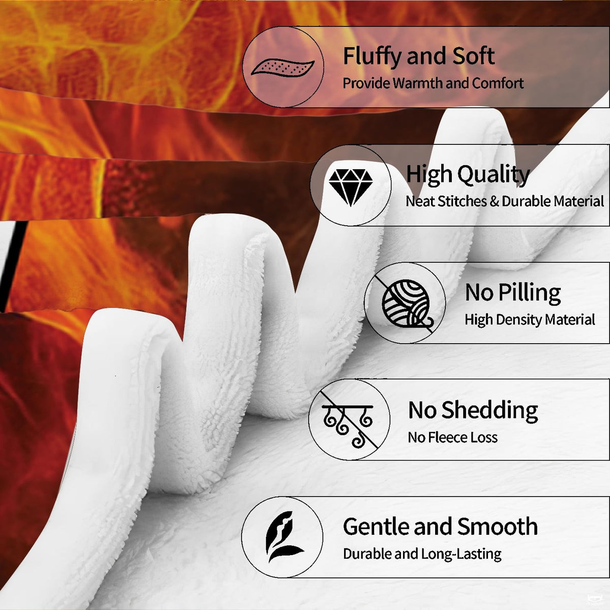 Detailed macro shot of flame-themed blanket edge stitching and plush fleece texture