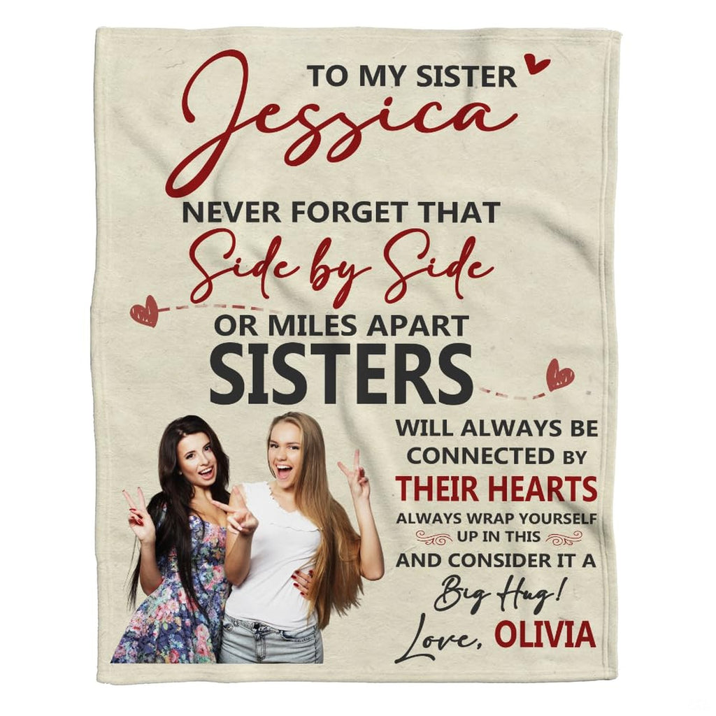Flat studio display of the sentimental sibling commemorative keepsake design blanket.