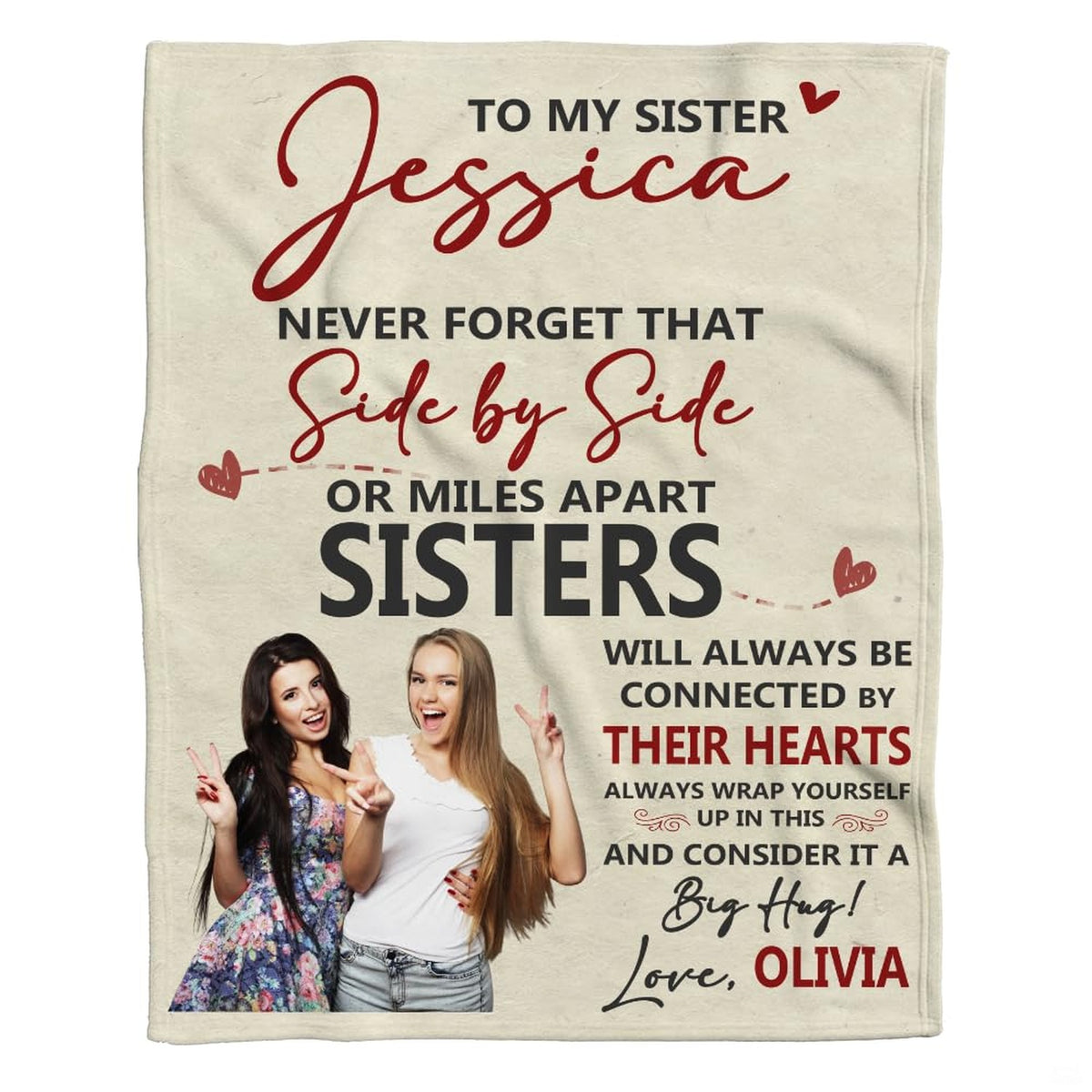 Flat studio display of the sentimental sibling commemorative keepsake design blanket.
