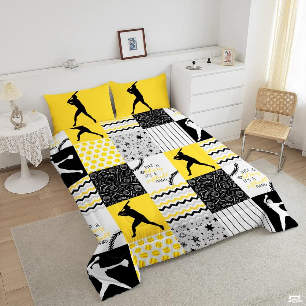 Custom Softball Comforter Set for Girls – Personalized Name & Number Comforters with Pillowcases – Softball Player Room Decor – Twin, Full, Queen, King Sizes – Gift for Teens & Athletes
