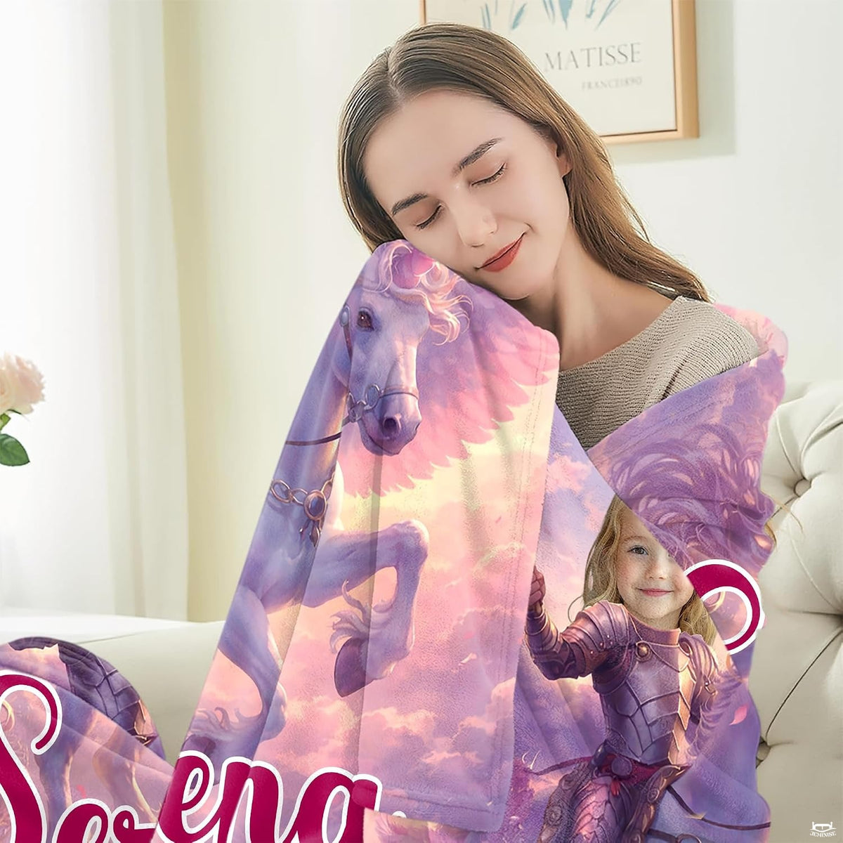 Winged unicorn illustration blanket corner stitching and edge finish