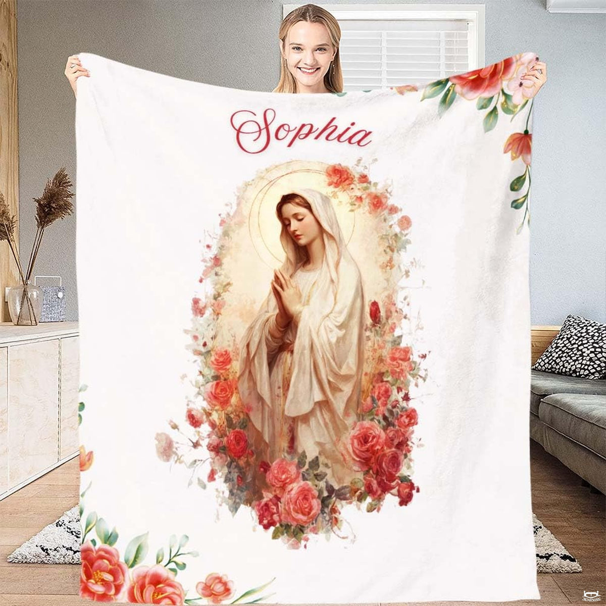 Serene watercolor painting of the Virgin Mary praying encircled by pink and coral roses on off-white backdrop.