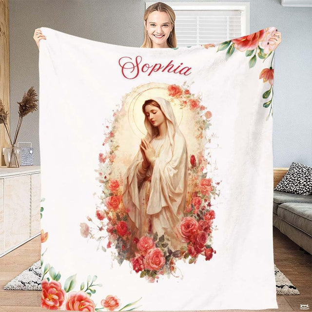 Serene watercolor painting of the Virgin Mary praying encircled by pink and coral roses on off-white backdrop.