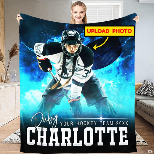 Ice hockey player electric blue smoke throw blanket displaying skater on ice with glowing cyan mist and flying puck