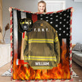 Firefighter tribute bedding set showcasing turnout coat design, reflective neon bands, and axe emblem on a bed.